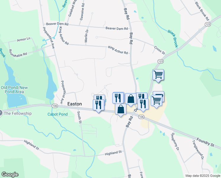map of restaurants, bars, coffee shops, grocery stores, and more near 93 Gaslight Lane in Easton