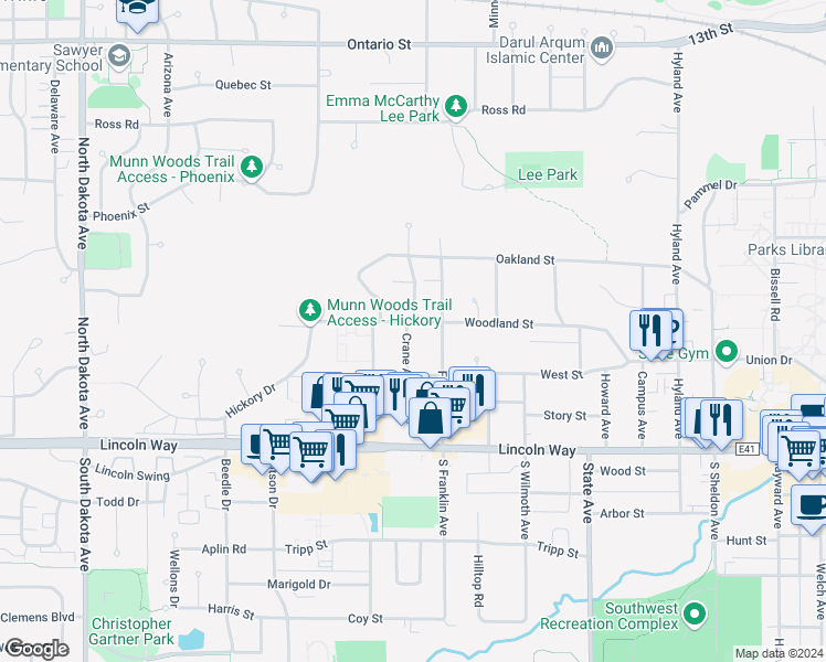 map of restaurants, bars, coffee shops, grocery stores, and more near 3520 Woodland Street in Ames