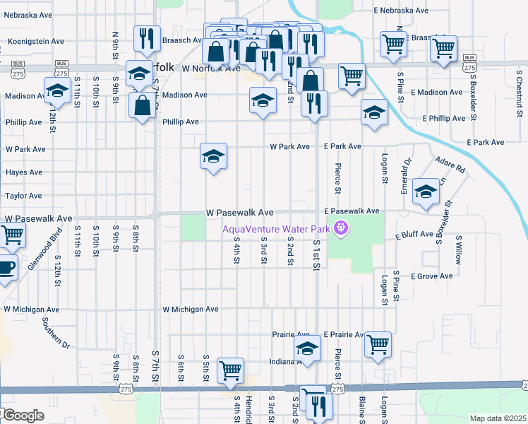 map of restaurants, bars, coffee shops, grocery stores, and more near 699 S 3rd St in Norfolk
