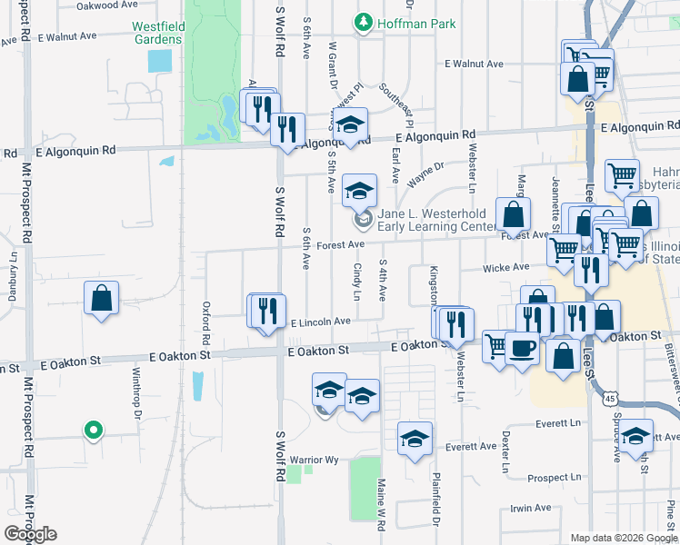 map of restaurants, bars, coffee shops, grocery stores, and more near 1484 Cindy Lane in Des Plaines