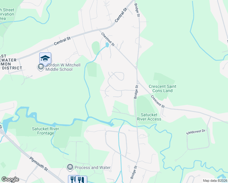 map of restaurants, bars, coffee shops, grocery stores, and more near 58 Brookbend Way East in East Bridgewater