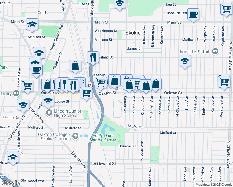 map of restaurants, bars, coffee shops, grocery stores, and more near 4701 Oakton Street in Skokie