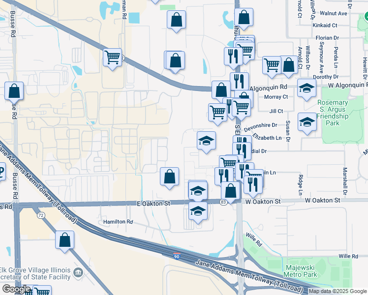 map of restaurants, bars, coffee shops, grocery stores, and more near 2201 South Lexington Drive in Mount Prospect