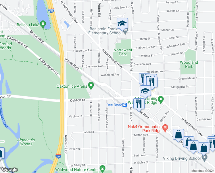 map of restaurants, bars, coffee shops, grocery stores, and more near 2610 Oakton Street in Park Ridge