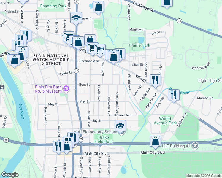 map of restaurants, bars, coffee shops, grocery stores, and more near 535 Cookane Avenue in Elgin