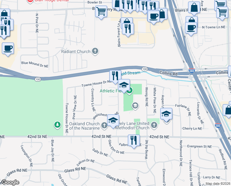 map of restaurants, bars, coffee shops, grocery stores, and more near 4615 Westchester Drive Northeast in Cedar Rapids