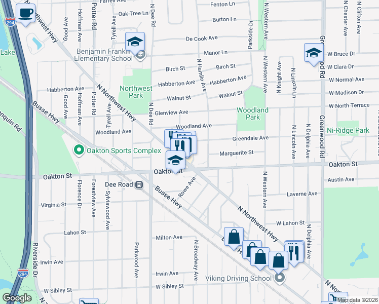 map of restaurants, bars, coffee shops, grocery stores, and more near in Park Ridge