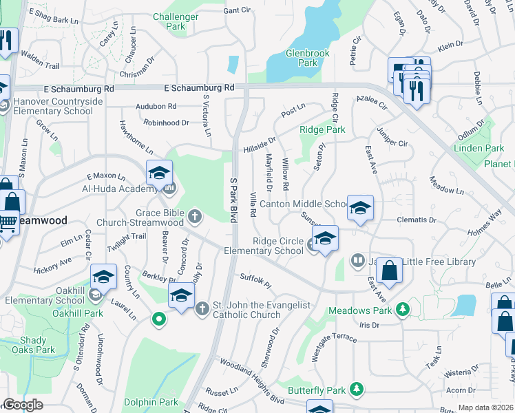 map of restaurants, bars, coffee shops, grocery stores, and more near 220 Mayfield Drive in Streamwood