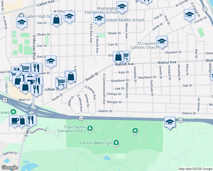 map of restaurants, bars, coffee shops, grocery stores, and more near 854 Orange Street in Elgin