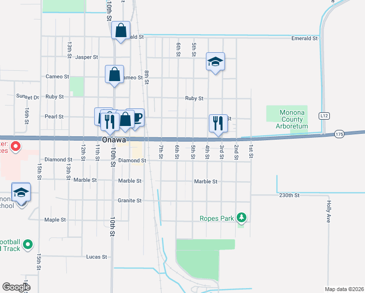 map of restaurants, bars, coffee shops, grocery stores, and more near 1001-1099 6th Street in Onawa
