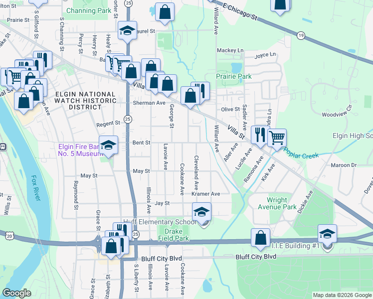 map of restaurants, bars, coffee shops, grocery stores, and more near 535 Cookane Avenue in Elgin