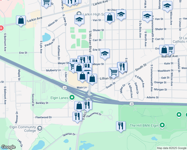 map of restaurants, bars, coffee shops, grocery stores, and more near 302 South Weston Avenue in Elgin