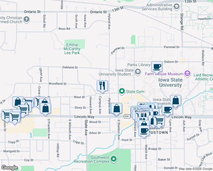 map of restaurants, bars, coffee shops, grocery stores, and more near 2721 West Street in Ames