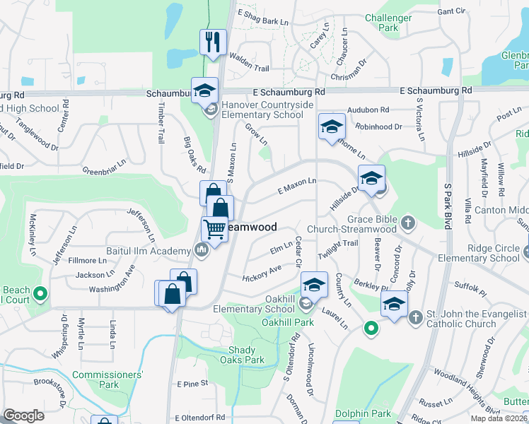 map of restaurants, bars, coffee shops, grocery stores, and more near 214 Cypress Drive in Streamwood