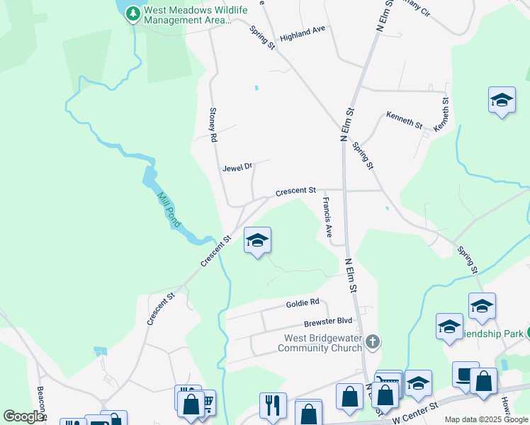 map of restaurants, bars, coffee shops, grocery stores, and more near 80 Crescent Street in West Bridgewater