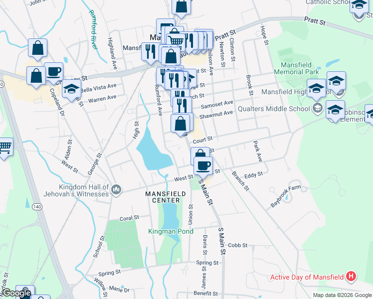 map of restaurants, bars, coffee shops, grocery stores, and more near 89 North Main Street in Mansfield