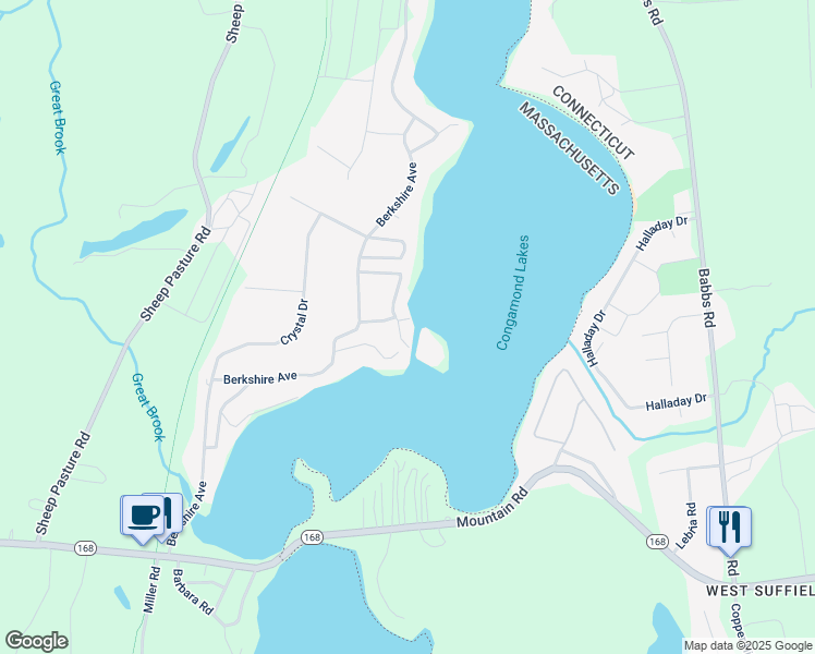 map of restaurants, bars, coffee shops, grocery stores, and more near 6 Evergreen Street in Southwick