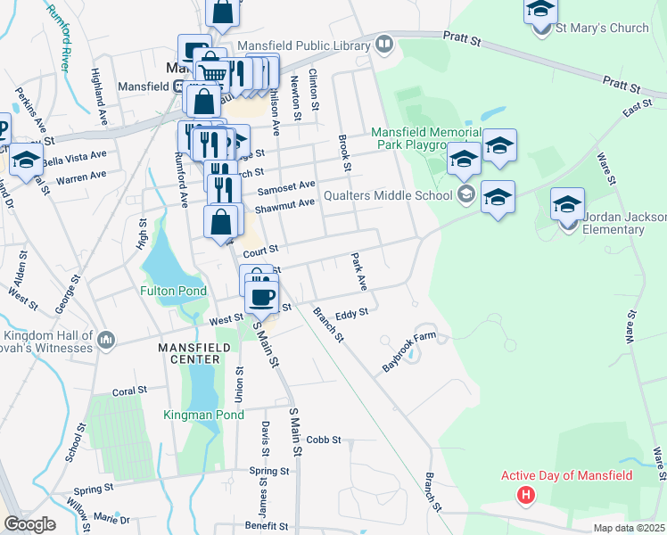 map of restaurants, bars, coffee shops, grocery stores, and more near 94 Park Street in Mansfield