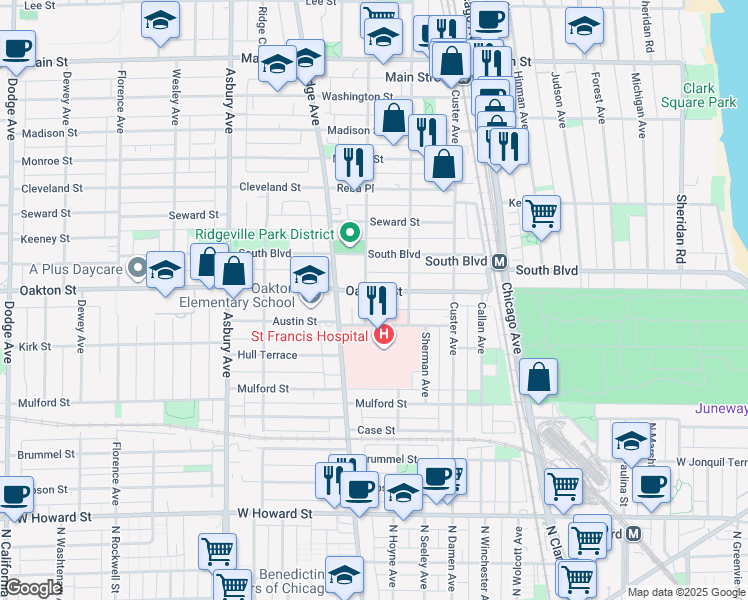 map of restaurants, bars, coffee shops, grocery stores, and more near 515 Elmwood Avenue in Evanston