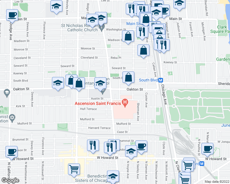 map of restaurants, bars, coffee shops, grocery stores, and more near 500 Ridge Avenue in Evanston