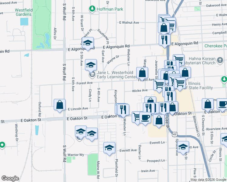 map of restaurants, bars, coffee shops, grocery stores, and more near 929 Forest Avenue in Des Plaines