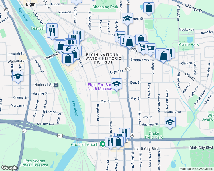 map of restaurants, bars, coffee shops, grocery stores, and more near 472 Saint Charles Street in Elgin