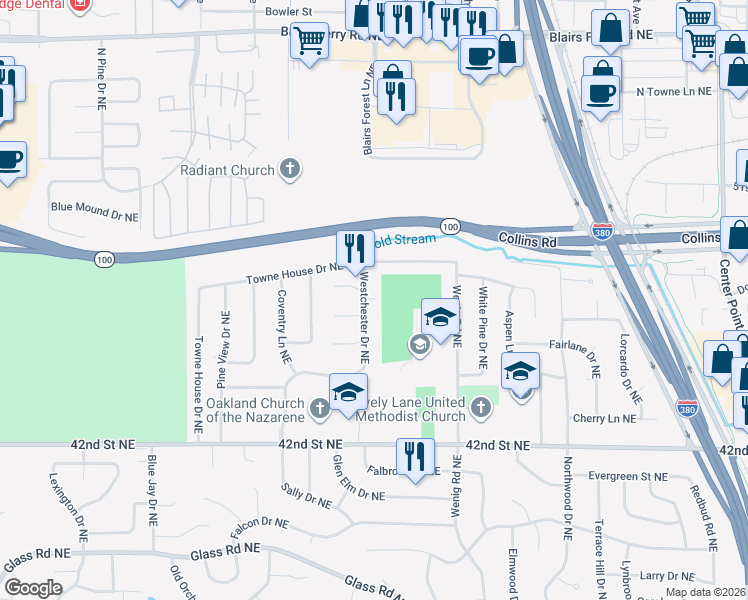 map of restaurants, bars, coffee shops, grocery stores, and more near 4710 Westchester Drive Northeast in Cedar Rapids