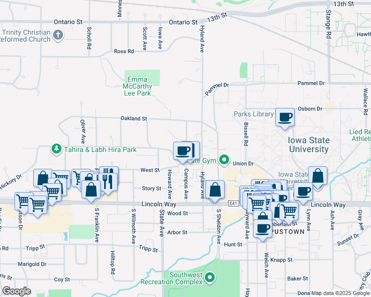 map of restaurants, bars, coffee shops, grocery stores, and more near 244 Campus Avenue in Ames
