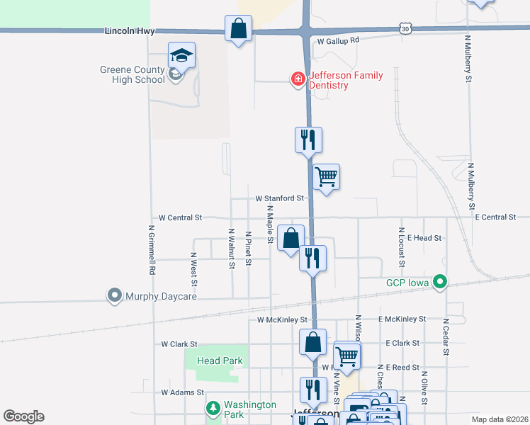 map of restaurants, bars, coffee shops, grocery stores, and more near 300-498 West Stanford Street in Jefferson