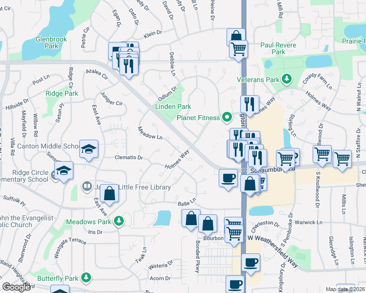 map of restaurants, bars, coffee shops, grocery stores, and more near 2830 Meadow Lane in Schaumburg