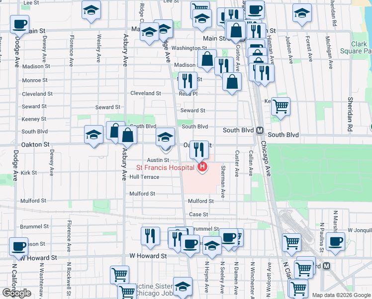 map of restaurants, bars, coffee shops, grocery stores, and more near 500 Ridge Avenue in Evanston
