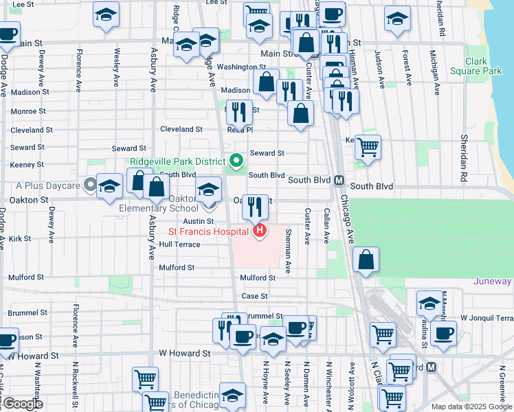map of restaurants, bars, coffee shops, grocery stores, and more near 515 Elmwood Avenue in Evanston