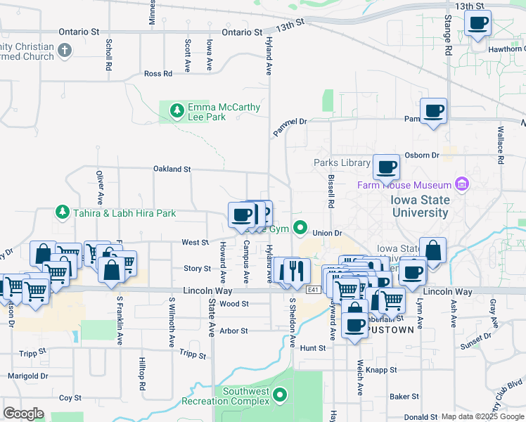 map of restaurants, bars, coffee shops, grocery stores, and more near 225 North Hyland Avenue in Ames