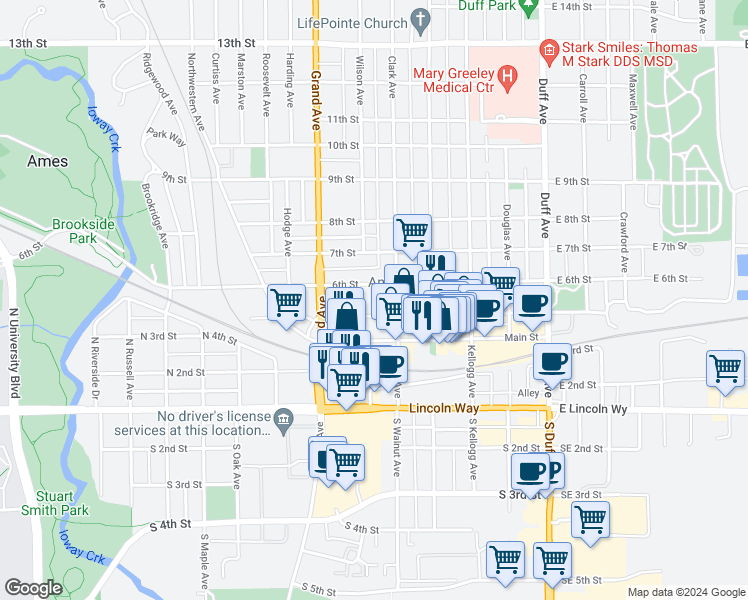 map of restaurants, bars, coffee shops, grocery stores, and more near 515 Clark Avenue in Ames