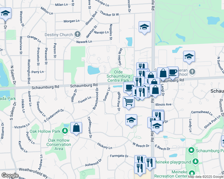 map of restaurants, bars, coffee shops, grocery stores, and more near 10 Sumac Lane in Schaumburg