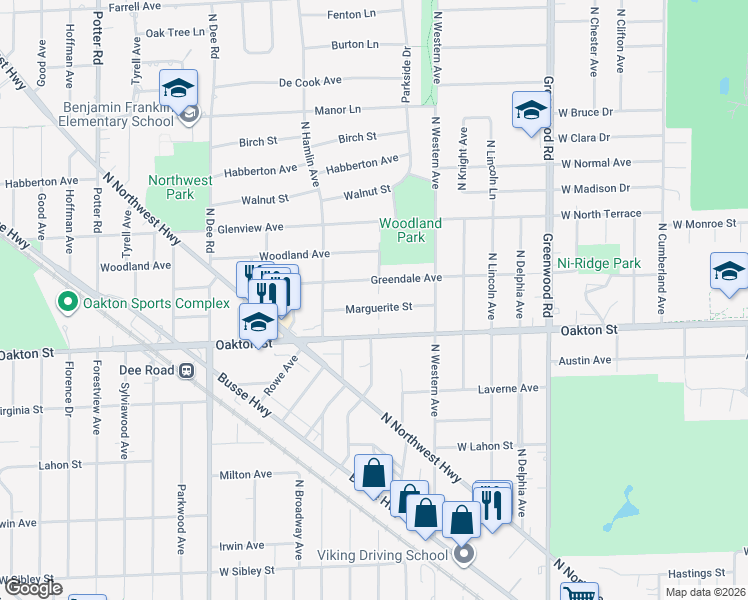 map of restaurants, bars, coffee shops, grocery stores, and more near 1617 Greendale Avenue in Park Ridge