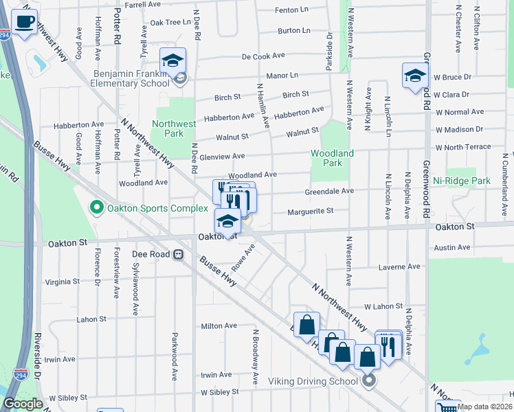 map of restaurants, bars, coffee shops, grocery stores, and more near 1040 Vernon Avenue in Park Ridge