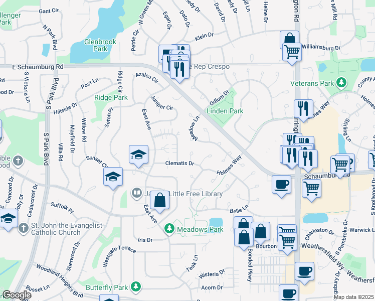 map of restaurants, bars, coffee shops, grocery stores, and more near 2845 Meadow Lane in Schaumburg