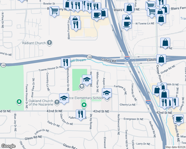 map of restaurants, bars, coffee shops, grocery stores, and more near 2411-2499 Towne House Drive Northeast in Cedar Rapids
