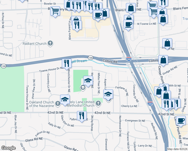 map of restaurants, bars, coffee shops, grocery stores, and more near 2411-2499 Towne House Drive Northeast in Cedar Rapids