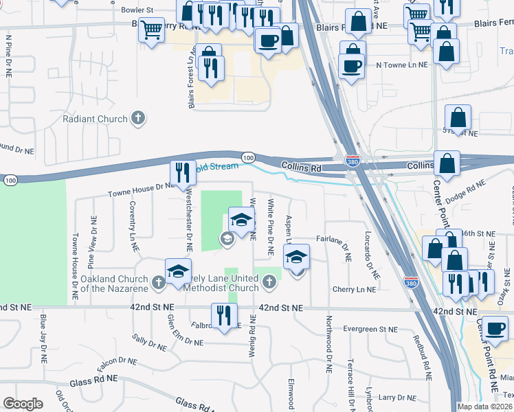 map of restaurants, bars, coffee shops, grocery stores, and more near 2411-2499 Towne House Drive Northeast in Cedar Rapids
