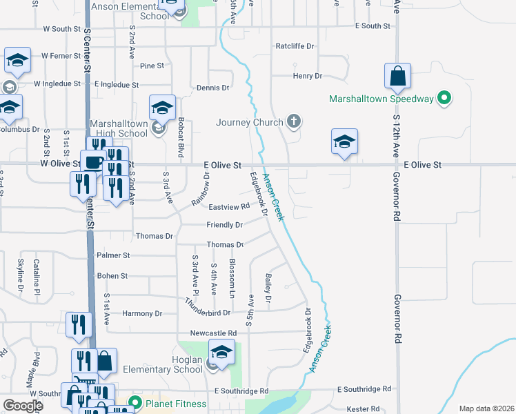 map of restaurants, bars, coffee shops, grocery stores, and more near 516 Eastview Road in Marshalltown