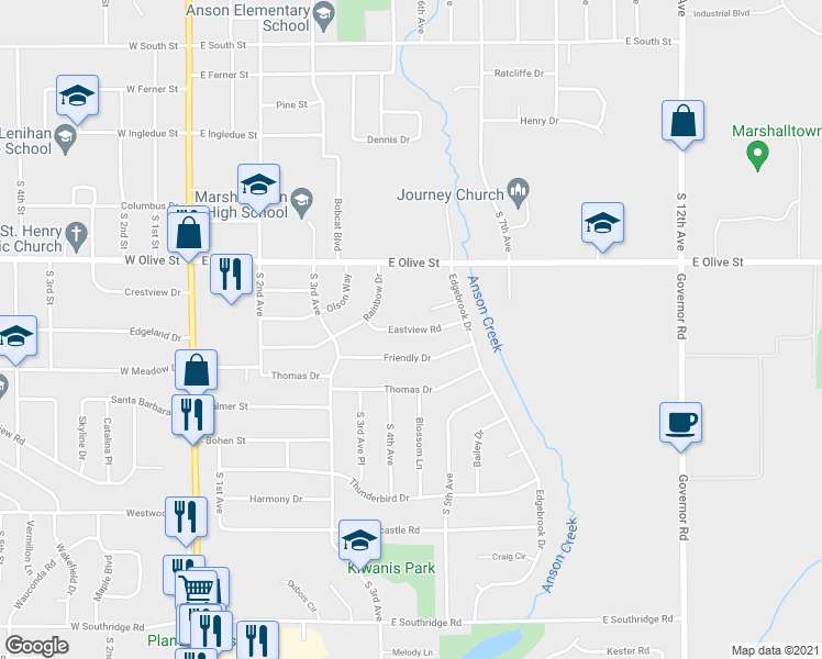 map of restaurants, bars, coffee shops, grocery stores, and more near 516 Eastview Road in Marshalltown