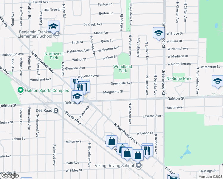 map of restaurants, bars, coffee shops, grocery stores, and more near 1617 Greendale Avenue in Park Ridge