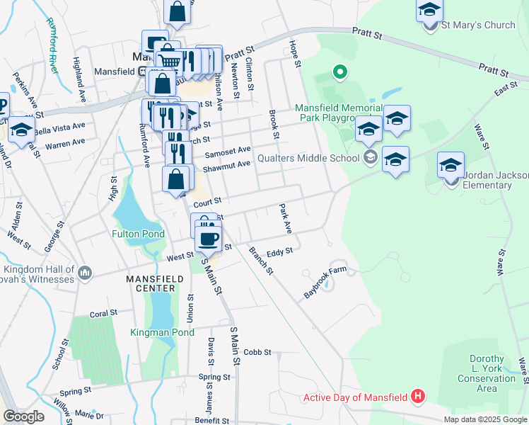 map of restaurants, bars, coffee shops, grocery stores, and more near 94 Park Street in Mansfield