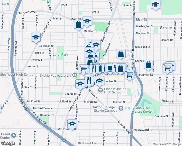 map of restaurants, bars, coffee shops, grocery stores, and more near in Skokie