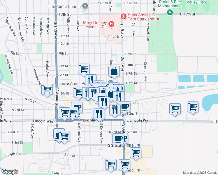 map of restaurants, bars, coffee shops, grocery stores, and more near 515 Douglas Avenue in Ames