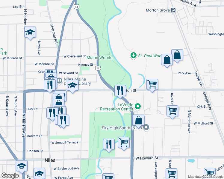 map of restaurants, bars, coffee shops, grocery stores, and more near 3856 West Oakton Street in Niles