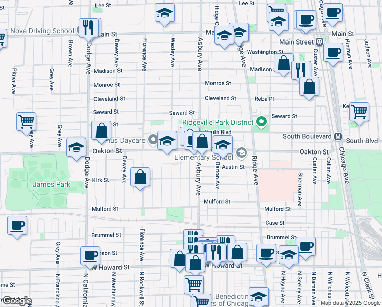 map of restaurants, bars, coffee shops, grocery stores, and more near 1329 Oakton Street in Evanston