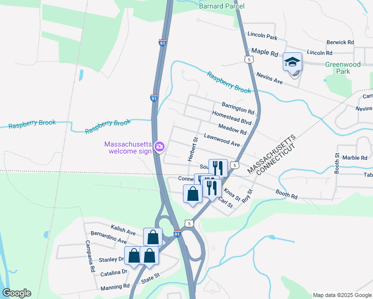 map of restaurants, bars, coffee shops, grocery stores, and more near 117 Massachusetts Avenue in Longmeadow